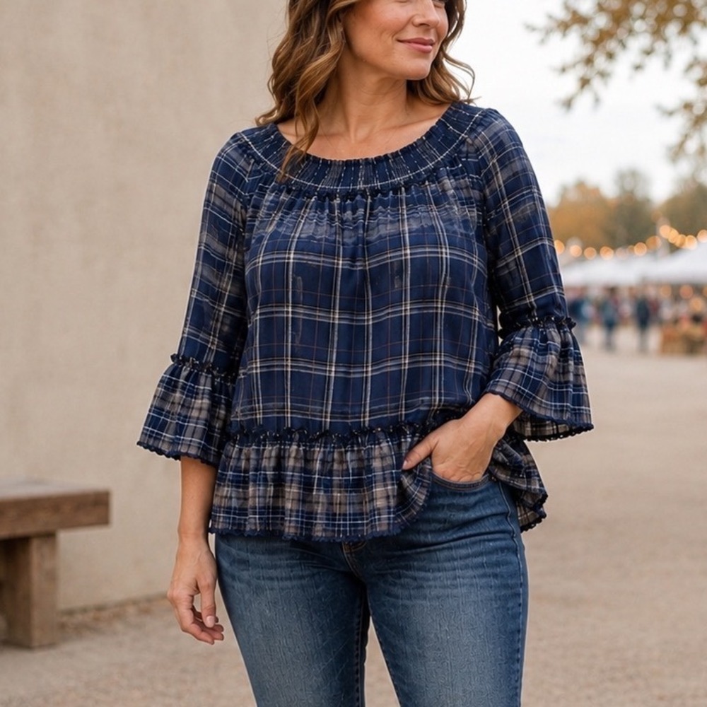DEMOCRACY Plaid Tiered Boho Top XL Cotton Babydoll Western Festival Navy Blue